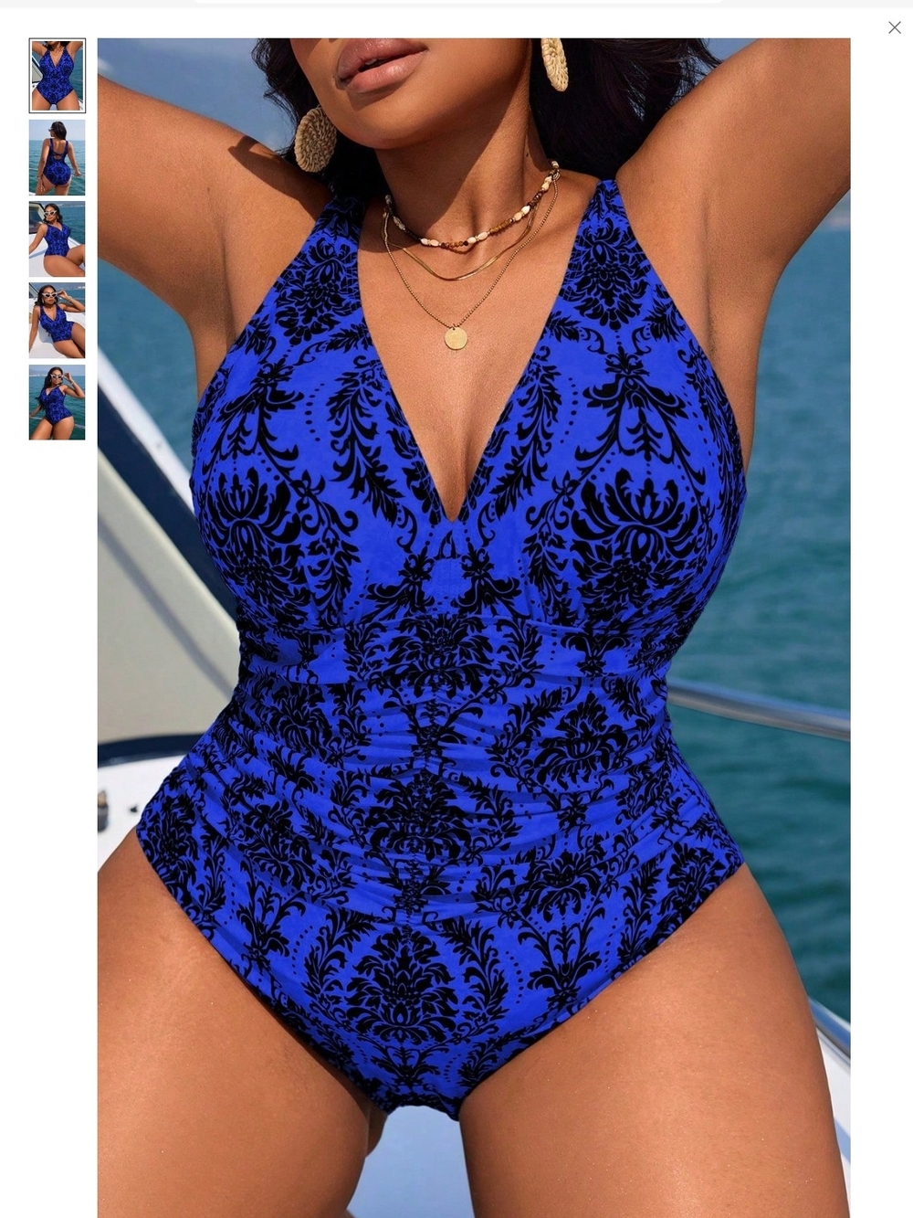 Royal Blue One-Piece Swimsuit with Black Damask Print Part Of 3 For 25 Sale